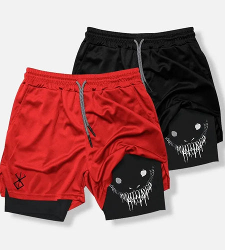 2024 New Men'S Fitness Training Skinny Shorts Demon Print Summer 2 in 1 Quick Dry Gym Beach Jogging Shorts Outdoor Sportwear