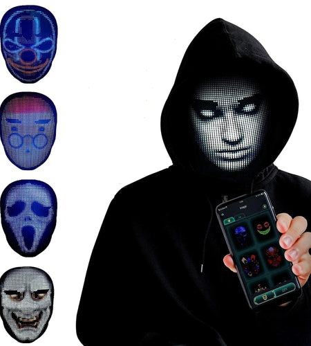 Led Mask with Bluetooth App Controlled, Customizable Shining Mask, LED Lighted Face Transforming Mask