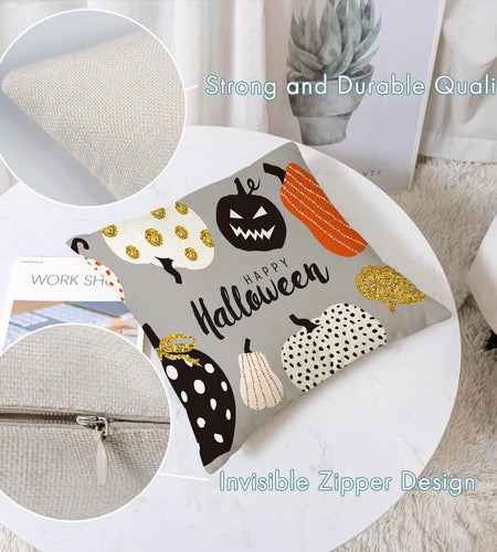 Set of 4 Halloween Pillow Covers 16X16 Inch Trick or Treat Pumpkin Decor Throw Pillow Covers Black Halloween Cushion Covers Linen Square Pillow Cases for Home Outdoor Sofa Couch (16 by 16)