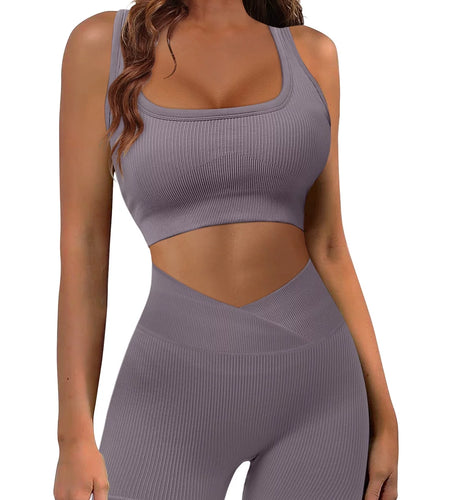 Workout 2 Pcs Outfits for Women Seamless Tank Top Bodycon Pants Shorts Set Solid Color Tracksuit Active Sportwear