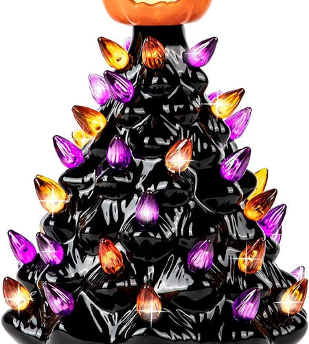 Ceramic Christmas-Halloween Tree - Orange Pumpkin Head-Home Decoration-Trick or Treat- over 35 Multicolor Bulbs Light up by Battery - Black-9 Inch