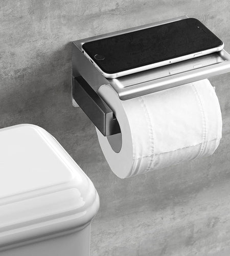 Brushed Nickel Toilet Paper Holder, Stick on Silver Toilet Paper Holder with Shelf, Self Adhesive No Drill or Wall-Mount with Screws for Bathroom