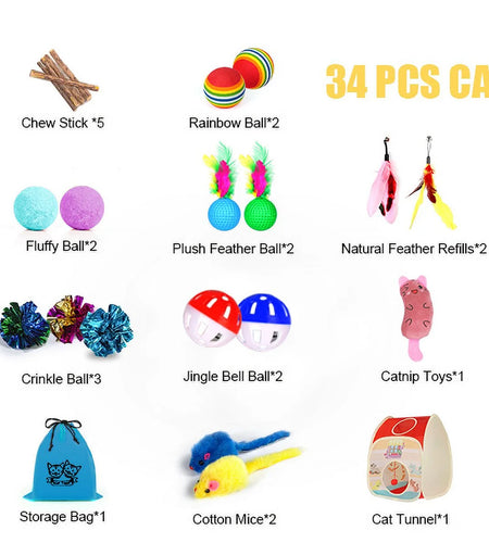 34Pcs Cat Toys Kitten Toys,Interactive Cat Toys Set with Collapsible Cat Tunnels Tent for Indoor Cats,Retractable Cat Wand Toys Catnip Toys Cat Feather Teaser Fluffy Mouse Crinkle Balls for Cat,Kitty