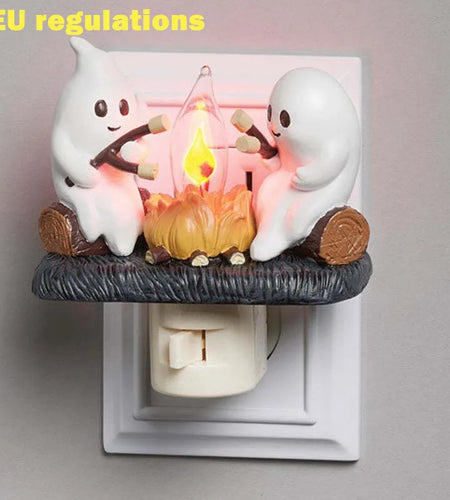 Cute Ghost Campfire Night Light Halloween Pumpkin Flickering Room Decorations Night Lights Dusk to Dawn Led Lamp Plug into Wall