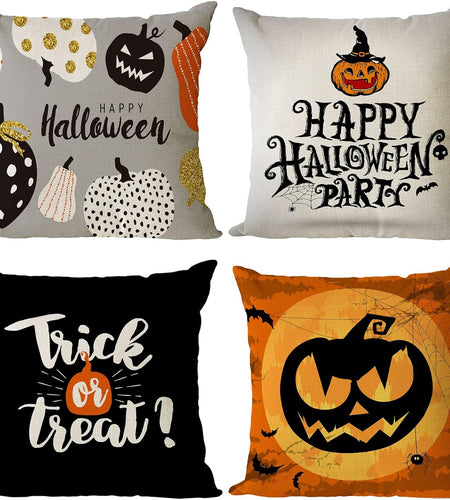 Set of 4 Halloween Pillow Covers 16X16 Inch Trick or Treat Pumpkin Decor Throw Pillow Covers Black Halloween Cushion Covers Linen Square Pillow Cases for Home Outdoor Sofa Couch (16 by 16)